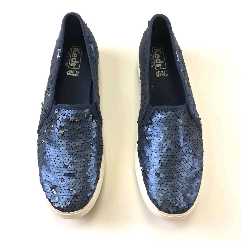 Keds navy sequin platform slip on sneaker loafer Size 7 sparkle Party Prom - Picture 3 of 8